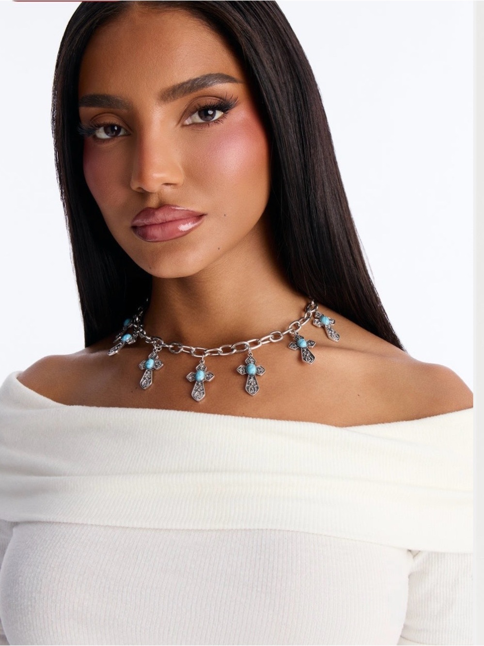 Silver Chain Choker Necklace with Turquoise Cross Charms - Women Jewelry